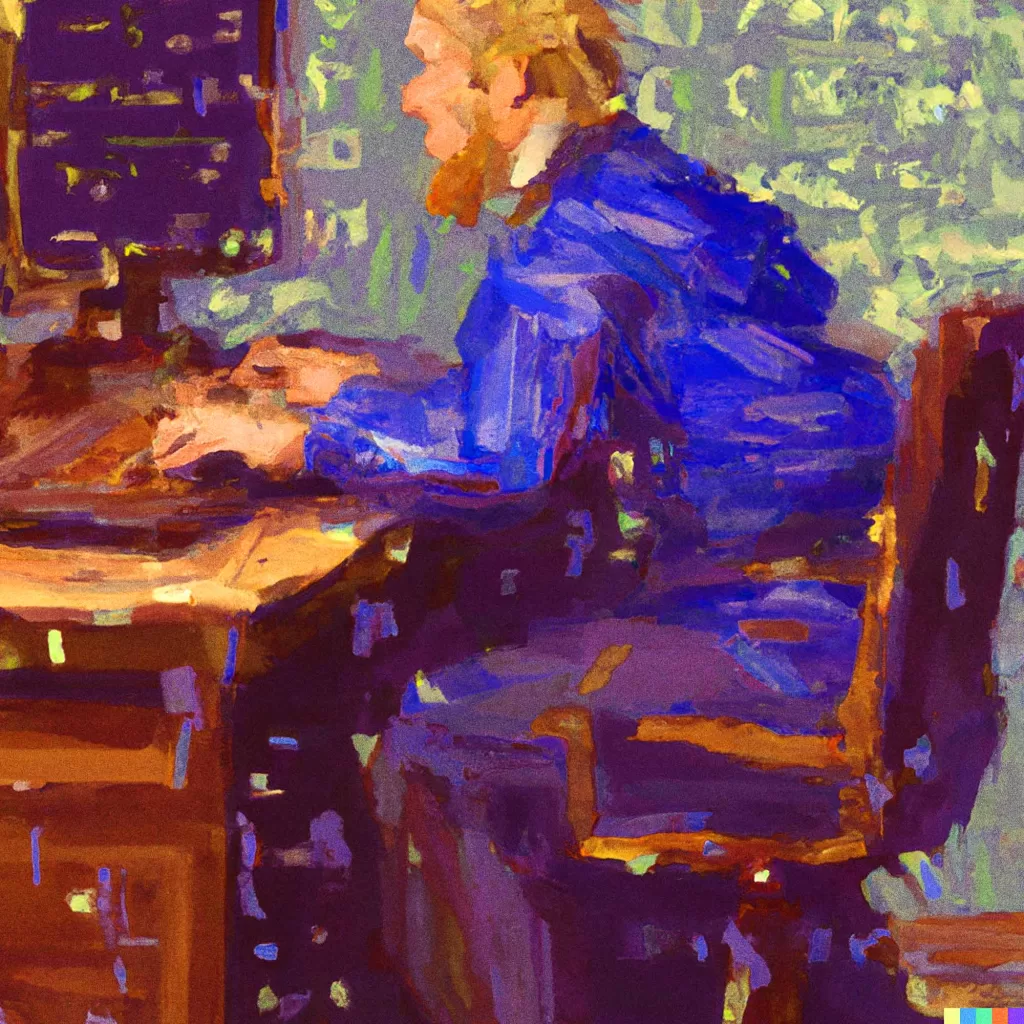 An abstract expressionist painting of a bearded man dressed in blue sitting behind a wooden desk, working on a computer.