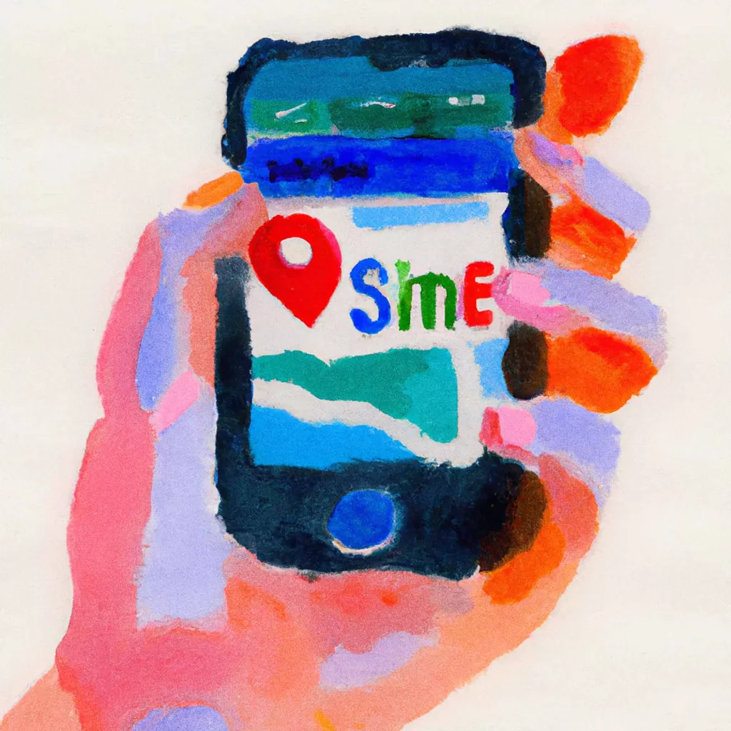 A vividly colorful painting of a close up of a hand holding a smartphone that shows a rich search engine result of a local business.