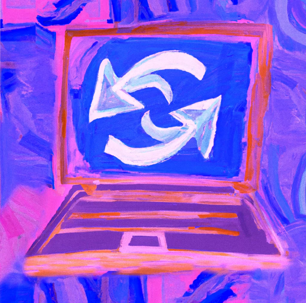 An abstract painting of a pink colored laptop displaying two arrows circling around each other, set against a blue-colored background