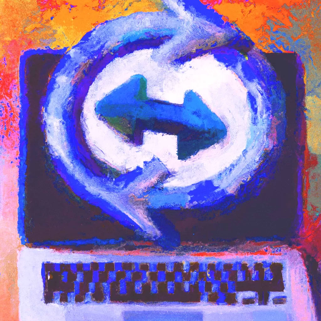 Featured image for WordPress AJAX: the Ultimate Guide. Image of an abstract oil painting of two arrows circling around each other in front of an Apple MacBook