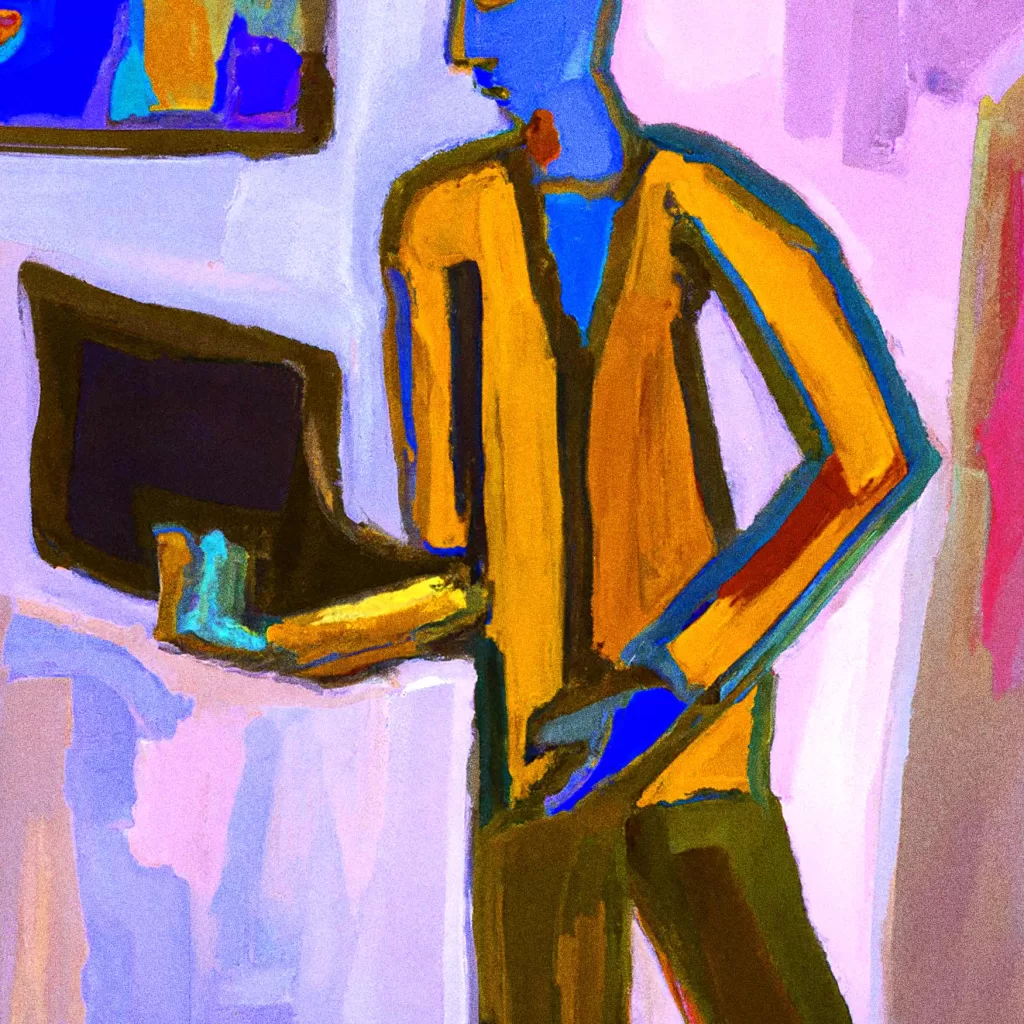 A colorful abstract painting of a blue person holding a laptop, set against a lilac colored interior.