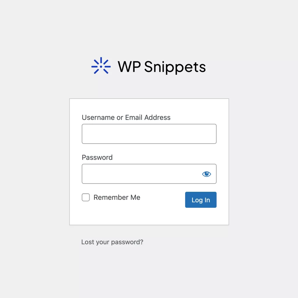 A screenshot of the WordPress login page showing a custom logo (The WP Snippets logo) instead of the default WordPress logo.