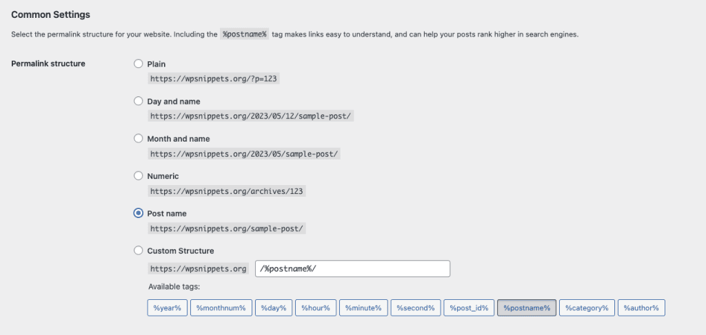 A screenshot of the WP Admin area showing the Permalinks subpage.