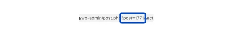 A screenshot of a URL in a browser, showing a highlight of the post ID of a post in the URL on a page in the WP Admin area.