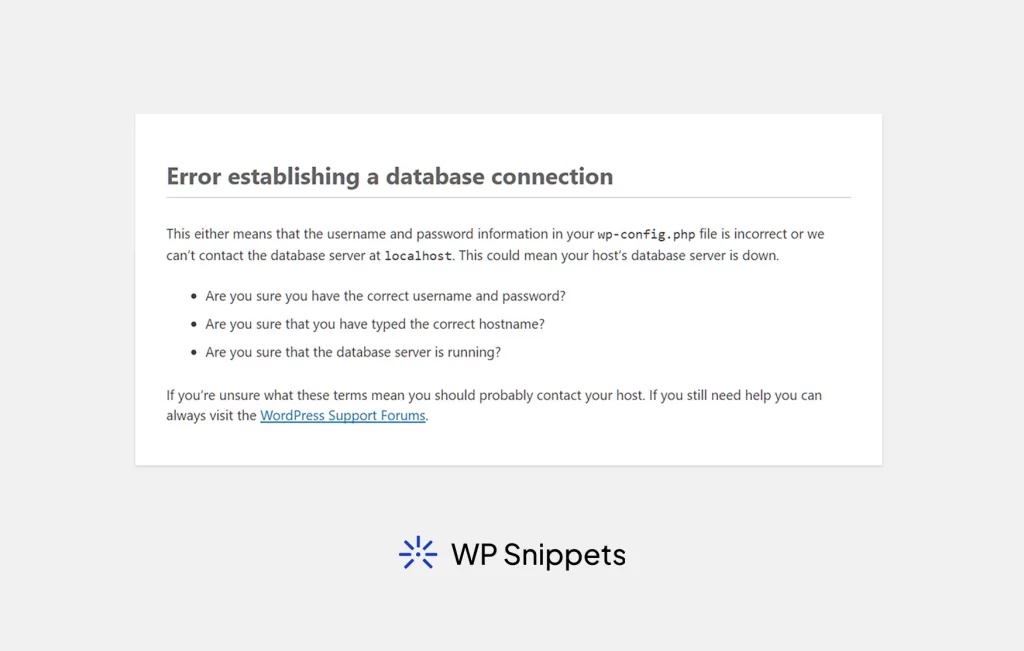 A screenshot of the “Error Establishing a Database Connection” error screen in WordPress